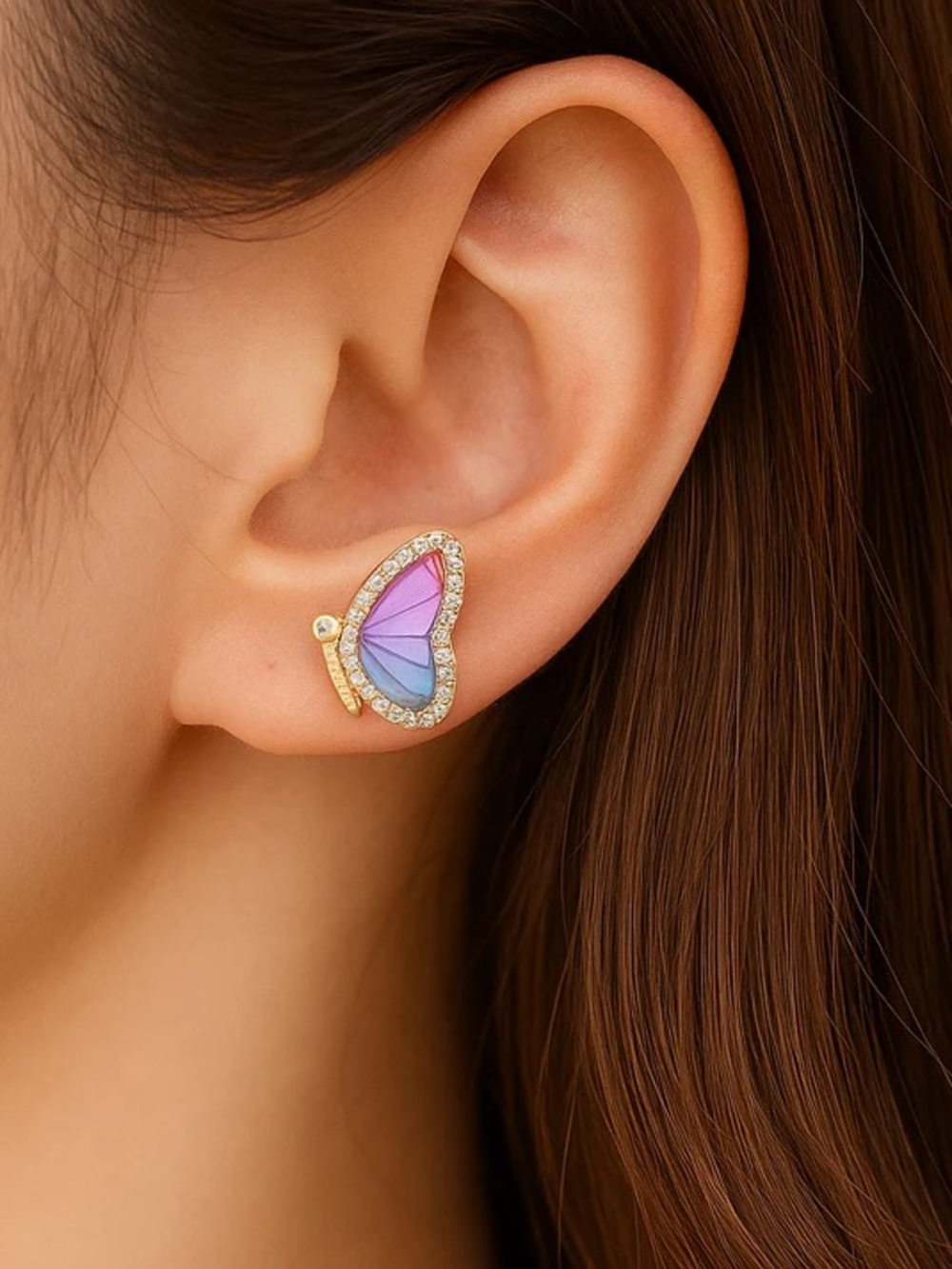 Gold Butterfly Stud Earrings with Pink and Blue Gradient Wings - Picture 2 of 2